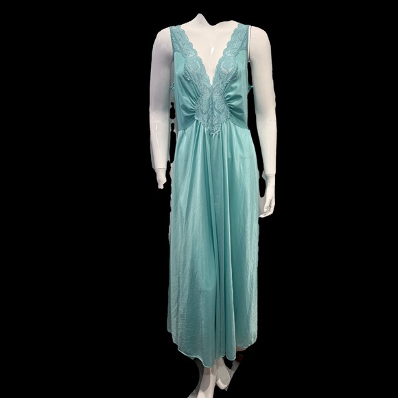 Olga Aqua Blue Satin Nightgown Lace Vintage Long Gown Size XXL 1980s - Picture 3 of 5